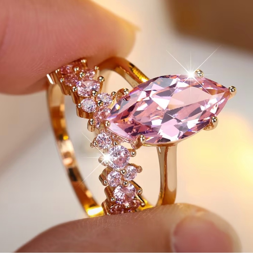 NEW Gold Marquise Cut Pink Stone CZ Wedding Ring Set - SIZE 8